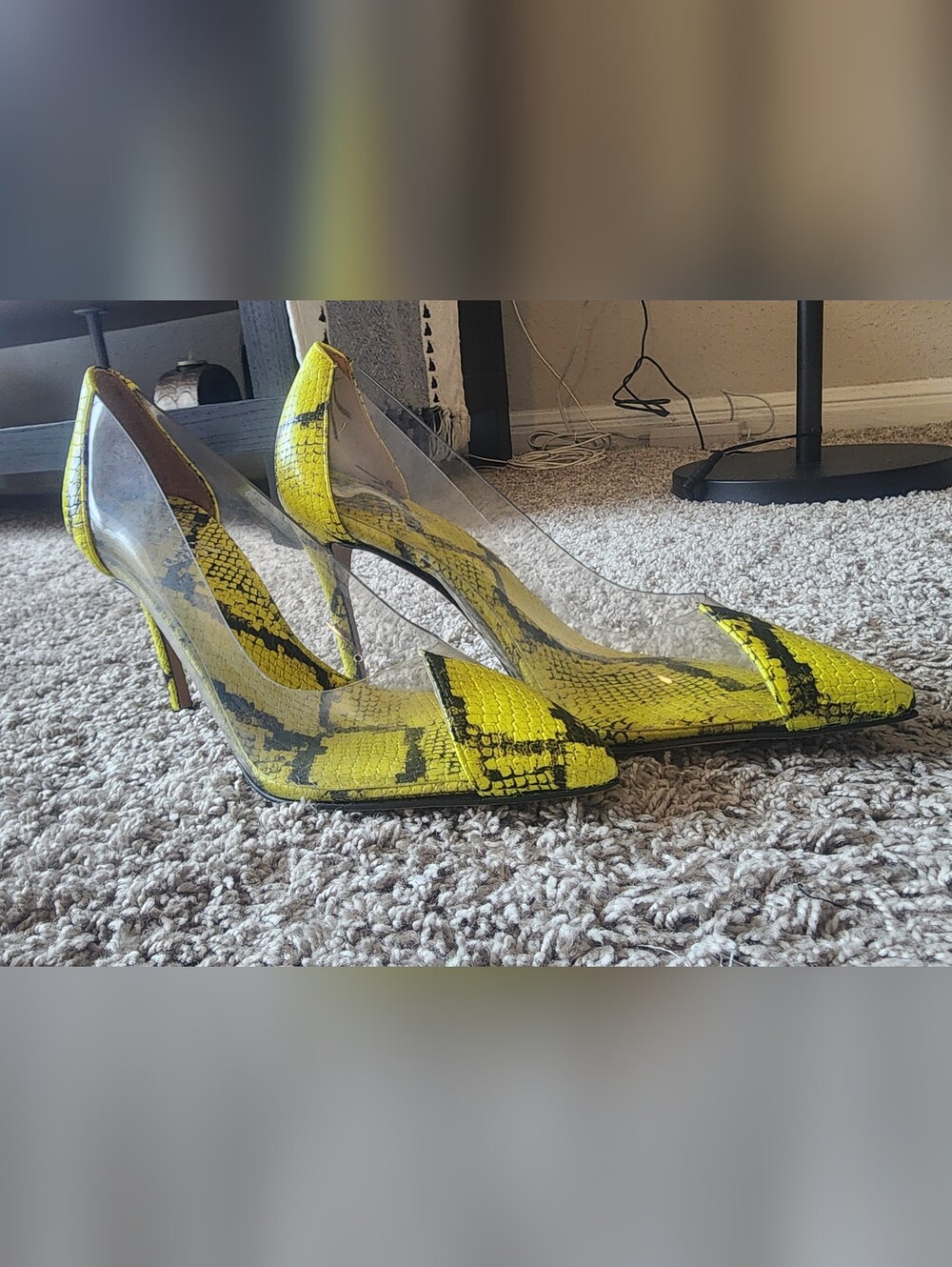 Vince Camuto Yellow Snake-Print Clear-Strap Stiletto Heels
